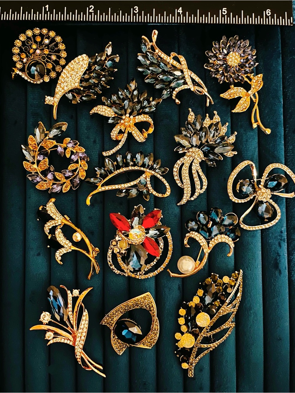 Statement Rhinestone Flower Brooch Pin Lot 15pc Navy Emerald Crystal